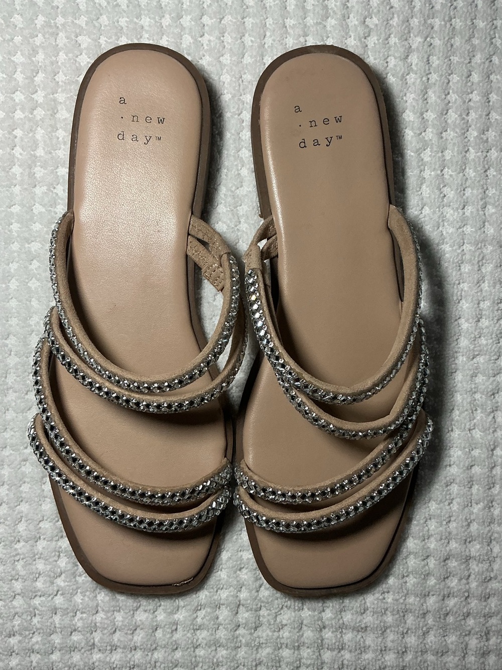 a new day Tan Slide Sandals with Rhinestone Straps